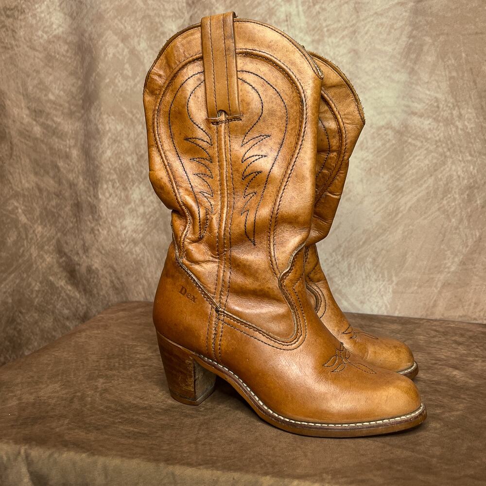 Dexter Vintage 70s Leather Heel Cowboy Boots Brown Embroidered Calf High Western